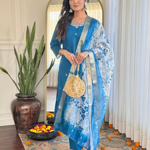The52 Women's Beautiful Roman Silk Embroidered Straight Kurta with Pant And Dupatta Set - Distacart