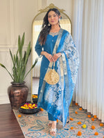 Thumbnail for The52 Women's Beautiful Roman Silk Embroidered Straight Kurta with Pant And Dupatta Set