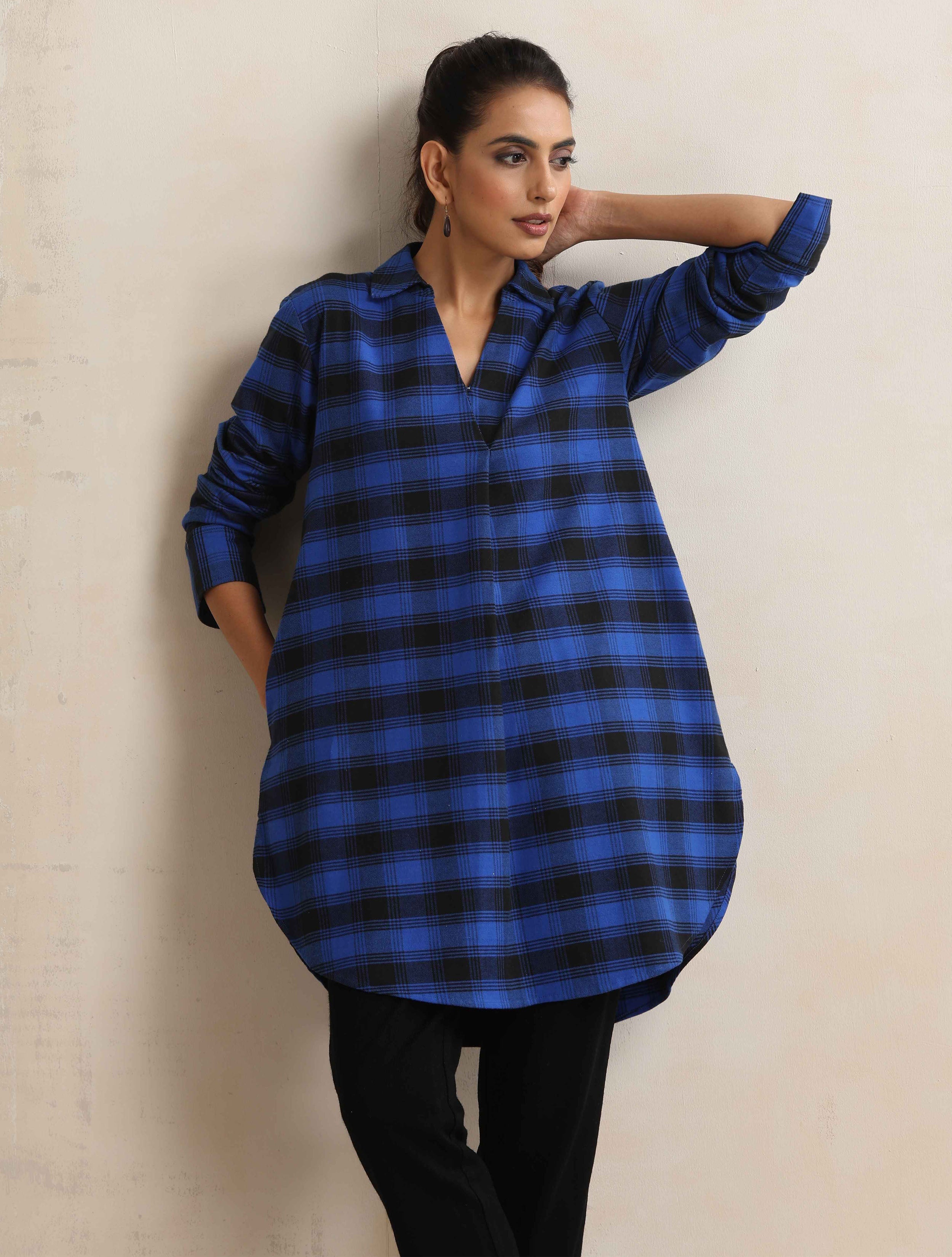 trueBrowns Blue Check Pleated Winter Top - Distacart