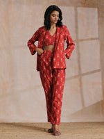 Thumbnail for trueBrowns Red On Red Ikat Print Cotton Pant Suit Set - Distacart