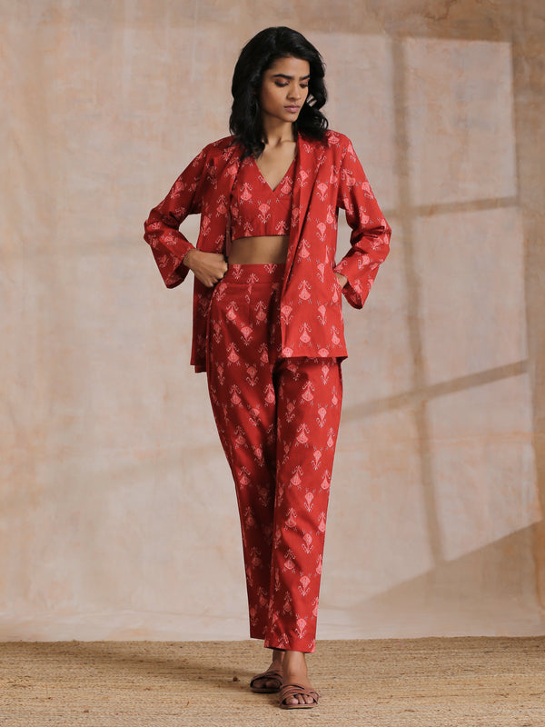 trueBrowns Red On Red Ikat Print Cotton Pant Suit Set - Distacart