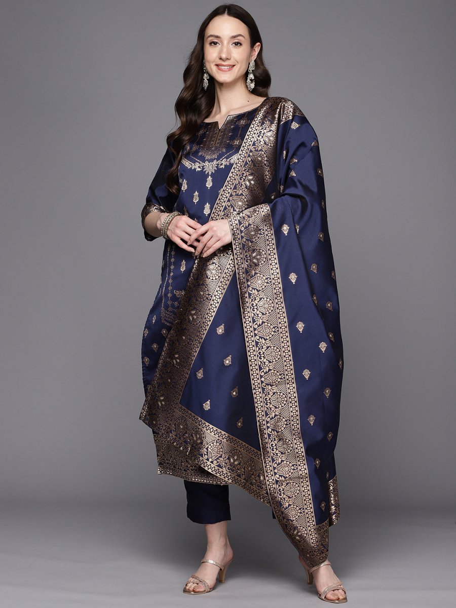 Ahalyaa Unstitched Navy Blue Dress Material - Distacart