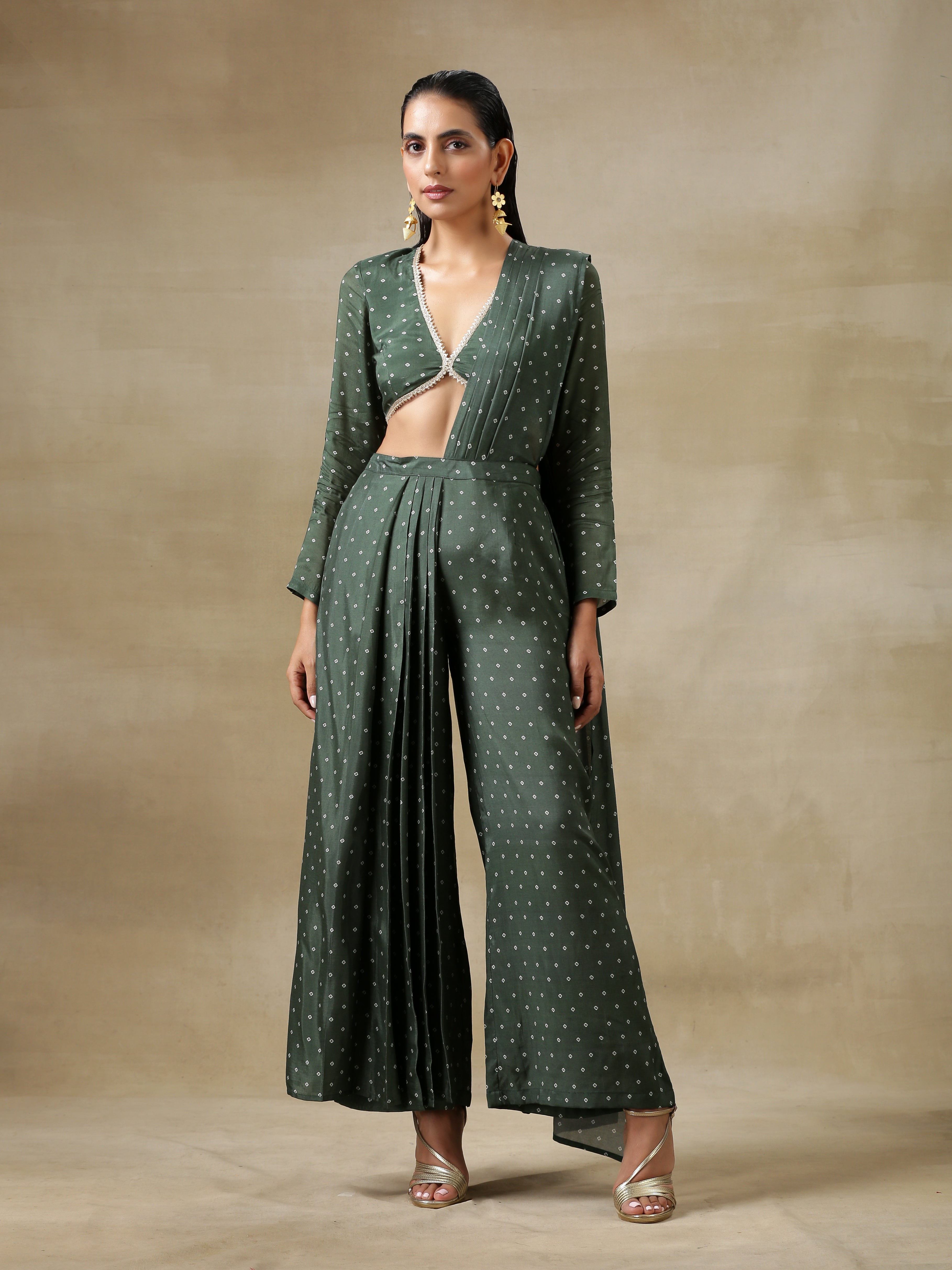 trueBrowns Dark Green Bandhani Printed Silk Palazzo Stitched Saree - Distacart