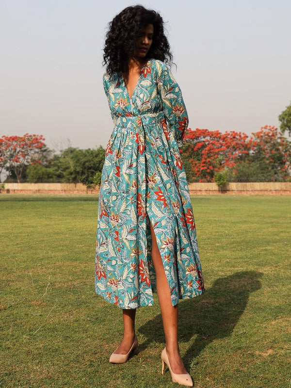 trueBrowns Teal Cotton Block Print Wrap Dress - Distacart