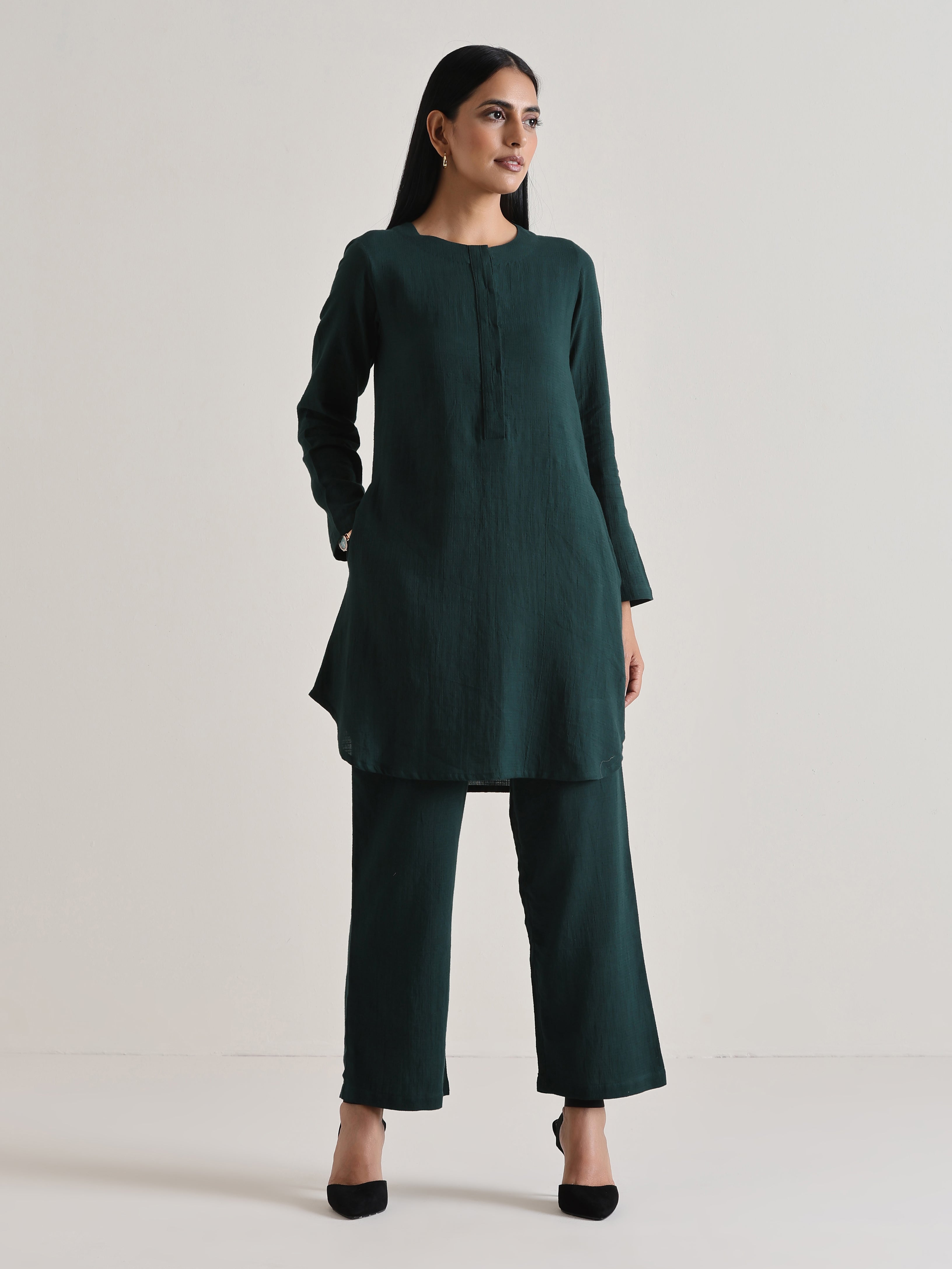 trueBrowns Dark Green Front Placket Co-Ord Set - Distacart