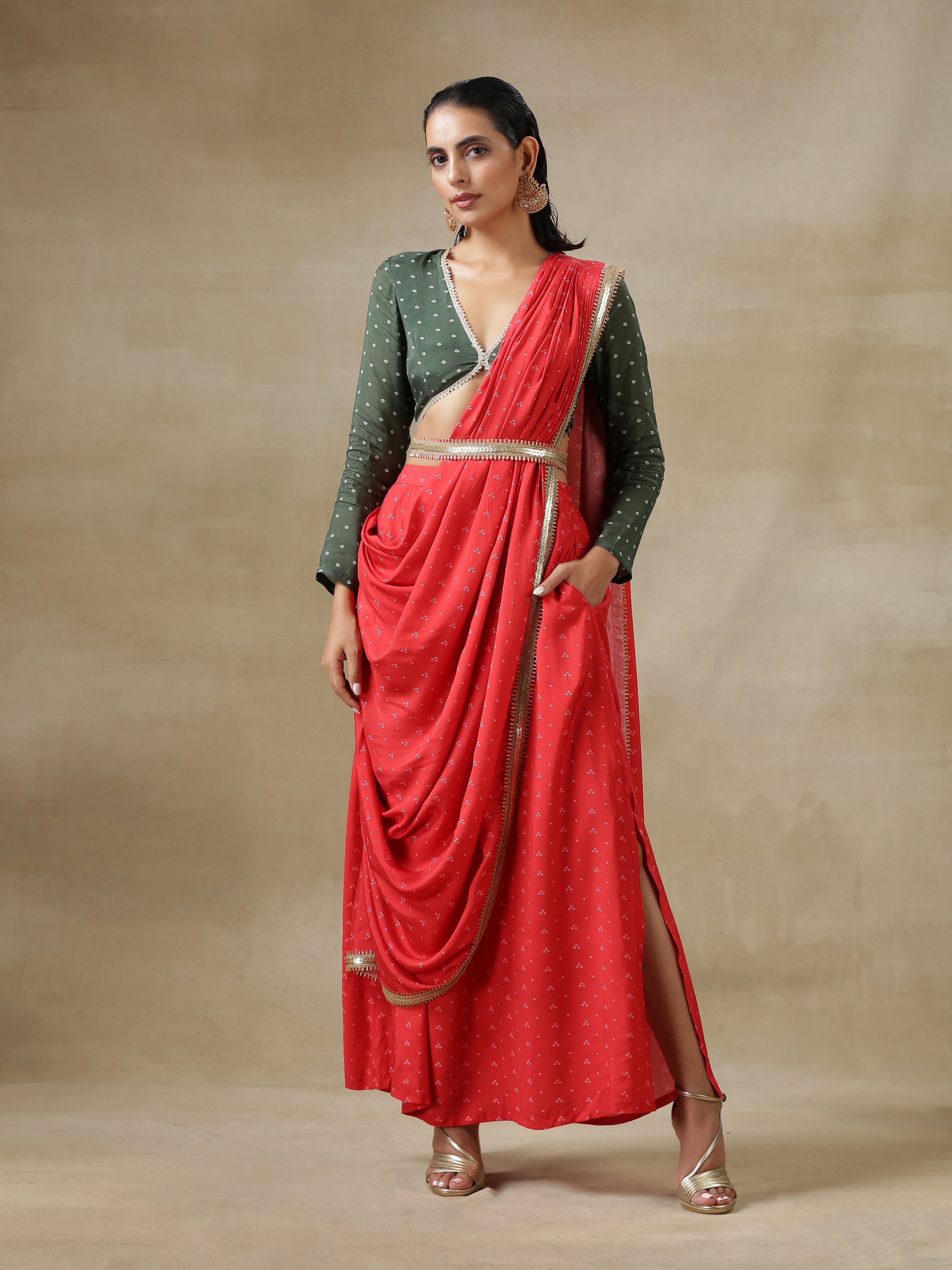 trueBrowns Red Bandhani Printed Silk Skirt Stitched Saree with Belt - Distacart