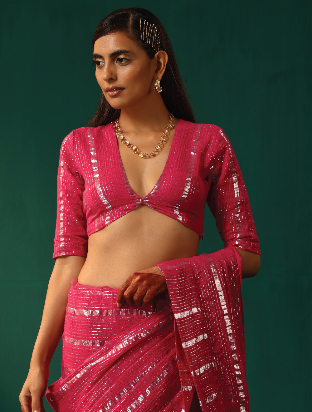 trueBrowns Rani Pink Cotton Silver Lurex Deep V-Neck Blouse - Distacart