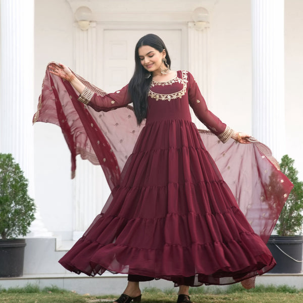 Yash Enterprise Designer Georgette Sequence Embroidery Maroon Readymade Gown