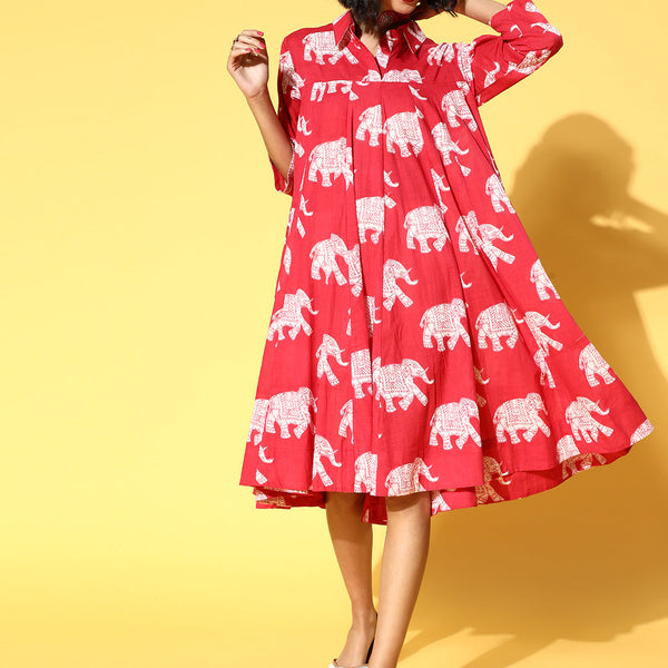 InWeave Red Elephant Flared Dress - Distacart