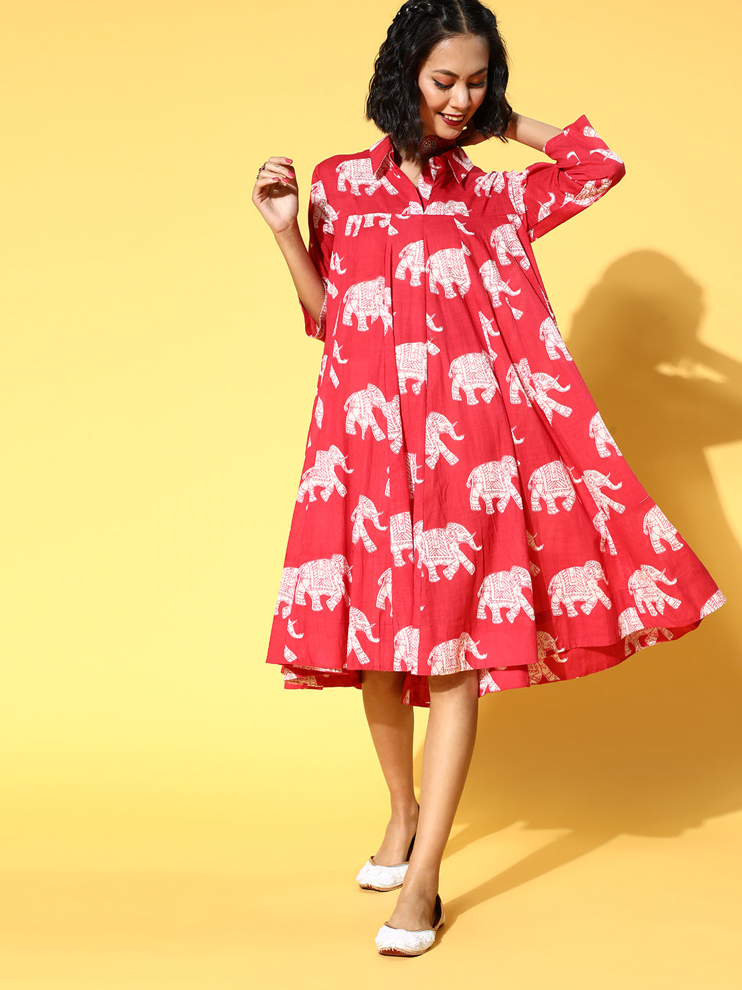 InWeave Red Elephant Flared Dress - Distacart