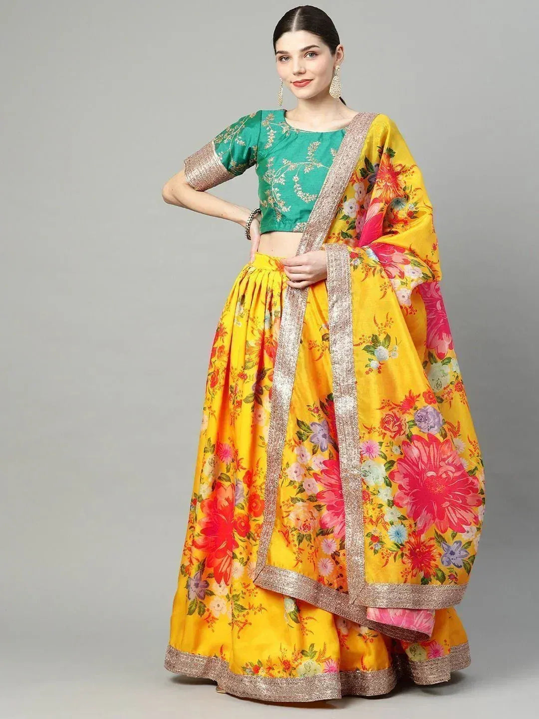 Tulsi Art Mustard Yellow Semi-Stitched Myntra Lehenga & Unstitched Blouse With Dupatta - Dista