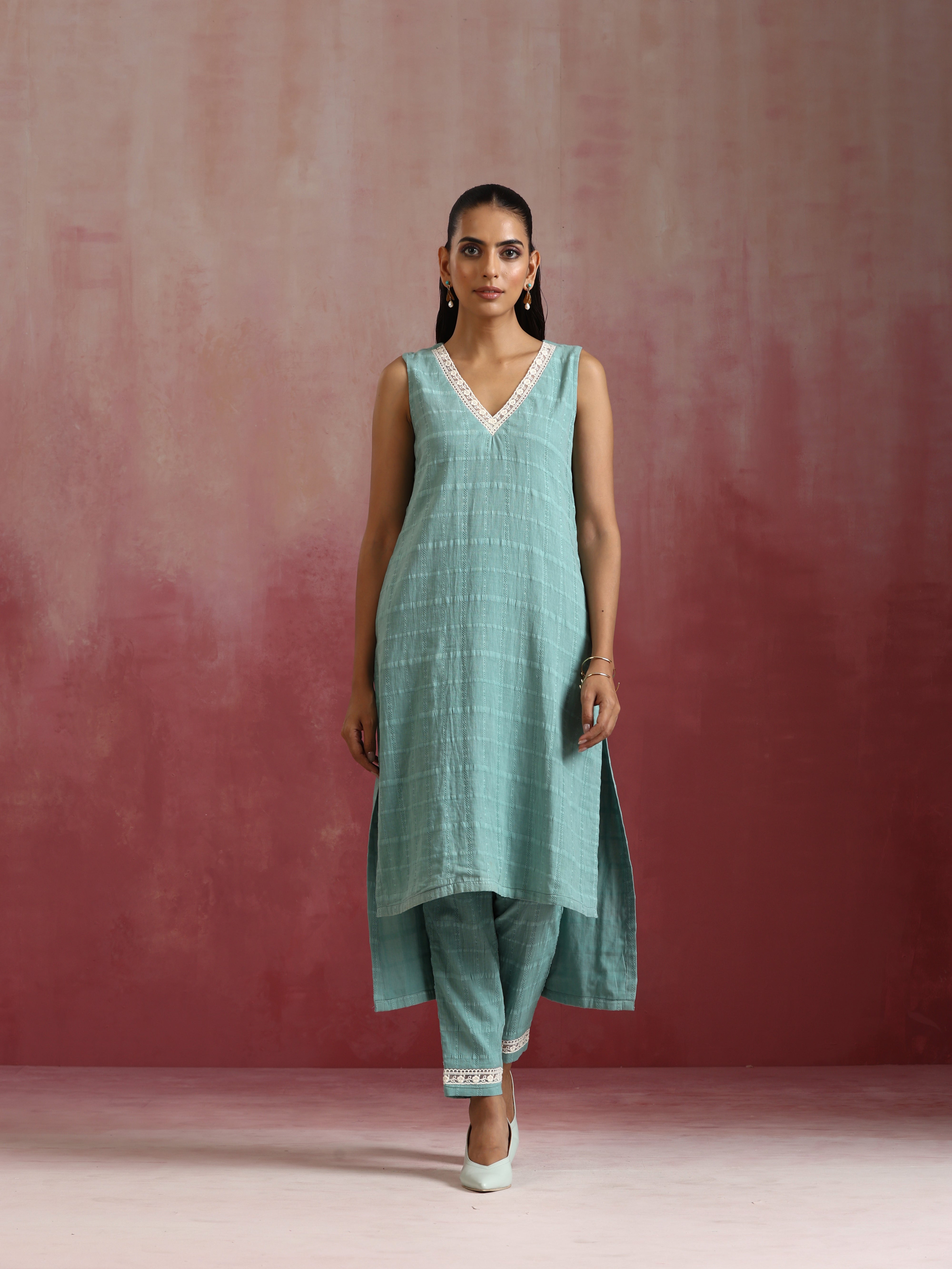 trueBrowns Aqua Blue Cotton Dobby High low Kurta Set - Distacart
