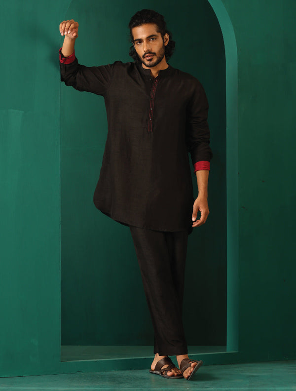 trueBrowns Men's Black Silk Co-ord Set Stitch Detail - Distacart
