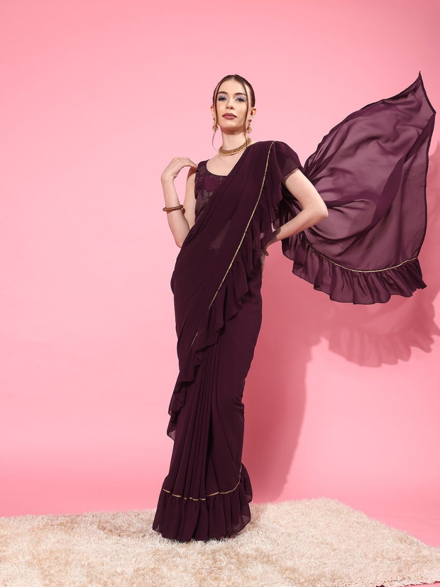 Ahalyaa Ruffled Poly Georgette Saree - Distacart