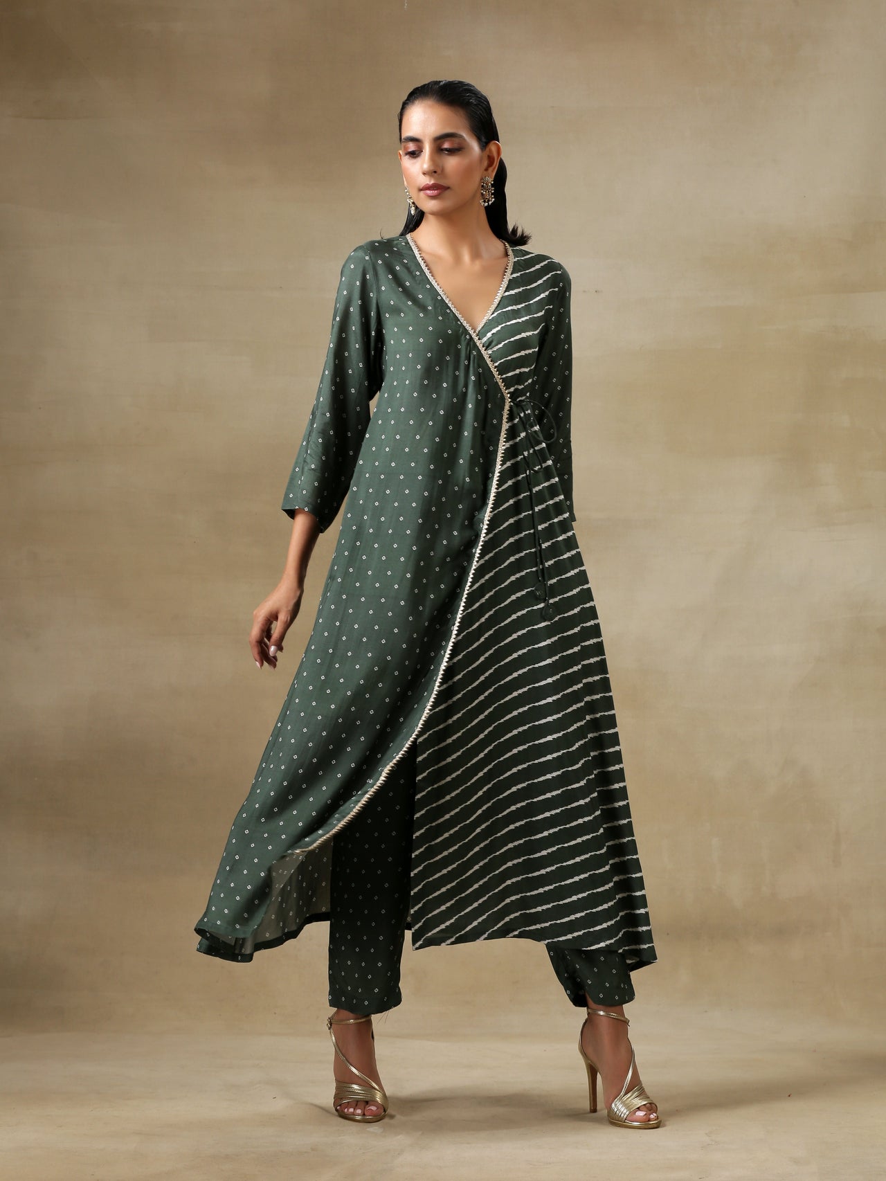 trueBrowns Dark Green Bandhani Printed Silk Angrakha Kurta Pant Set - Distacart