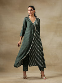 Thumbnail for trueBrowns Dark Green Bandhani Printed Silk Angrakha Kurta Pant Set - Distacart