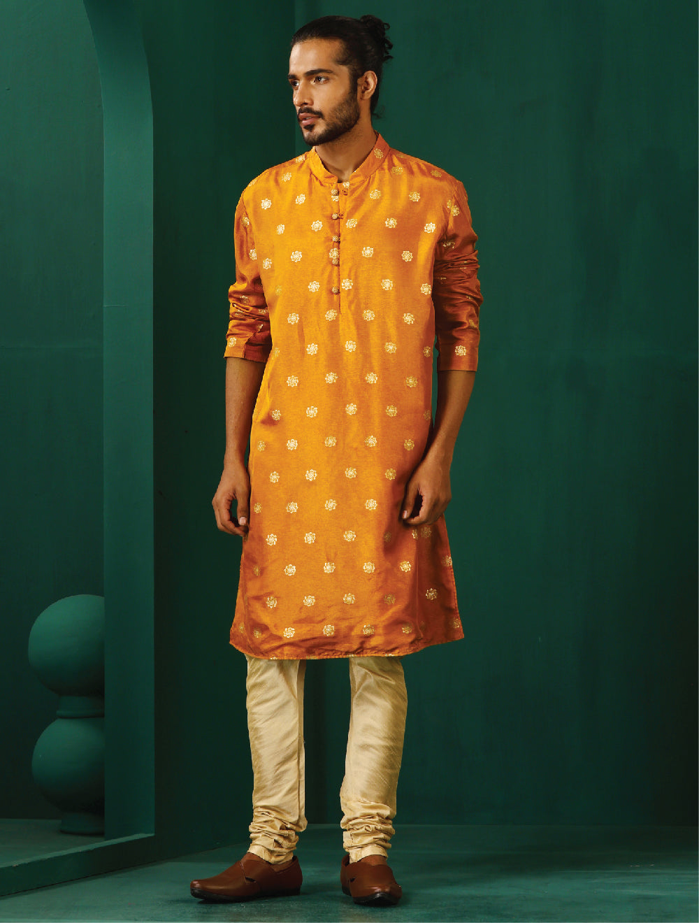 trueBrowns Men's Mustard Geometric Floral Viscose Silk Long Kurta - Distacart