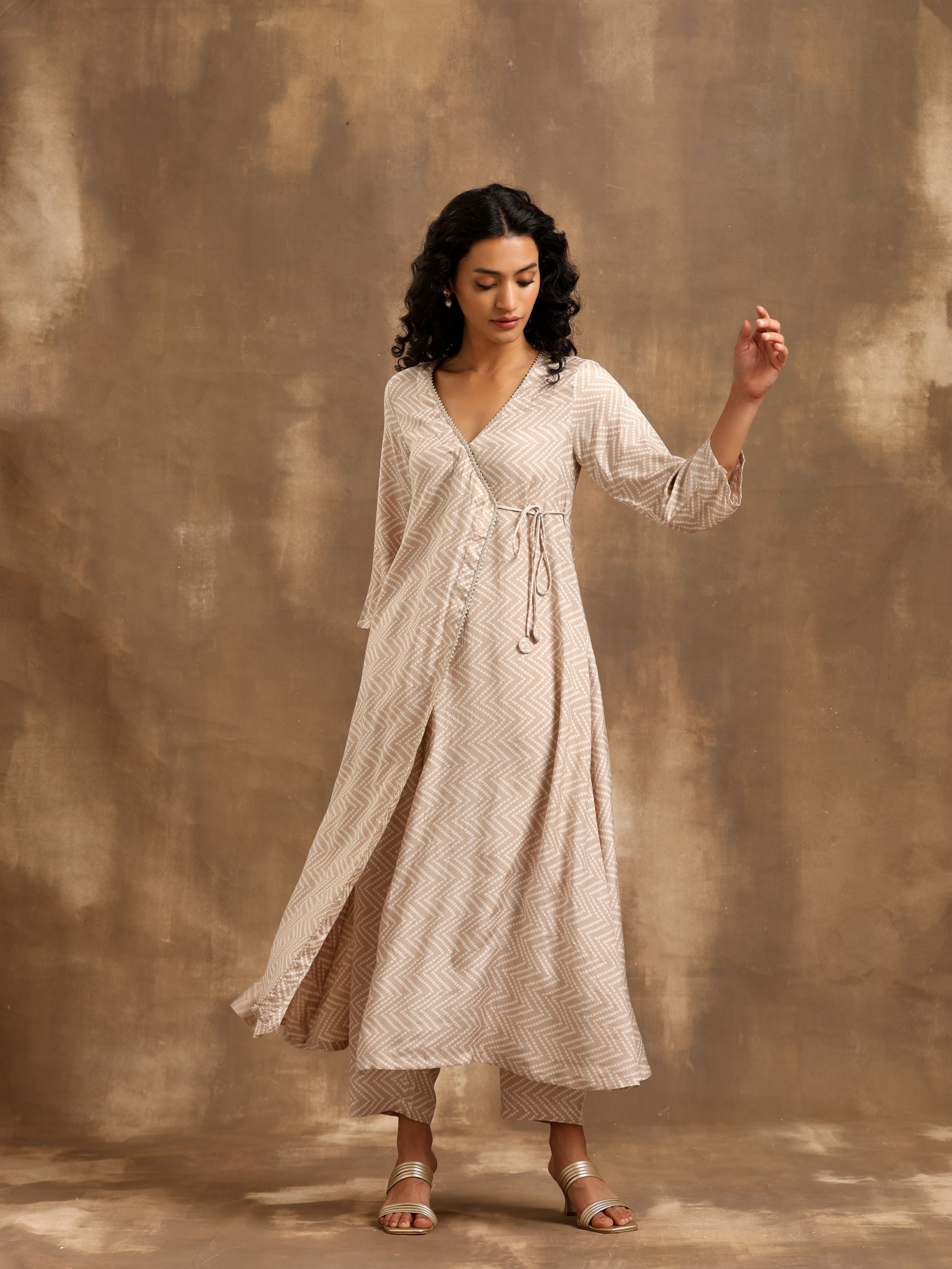 trueBrowns Beige Zig-Zag Print Silk Angrakha Kurta Pant Set - Distacart