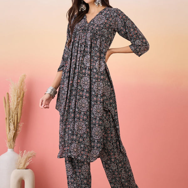 InWeave Black Maroon Ajrakh Foil V Neck Flared Kurta Pant Set - Distacart
