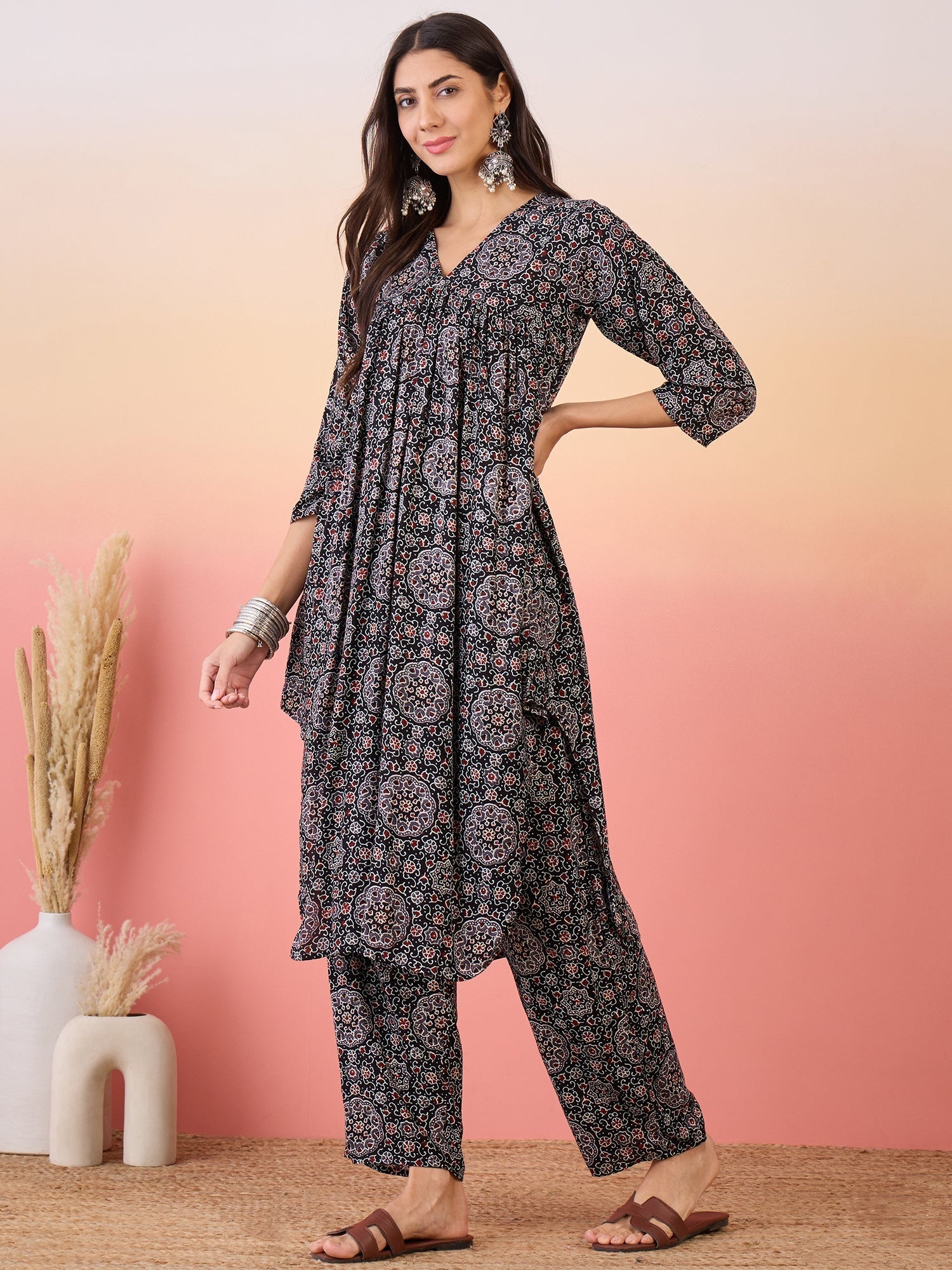 InWeave Black Maroon Ajrakh Foil V Neck Flared Kurta Pant Set - Distacart