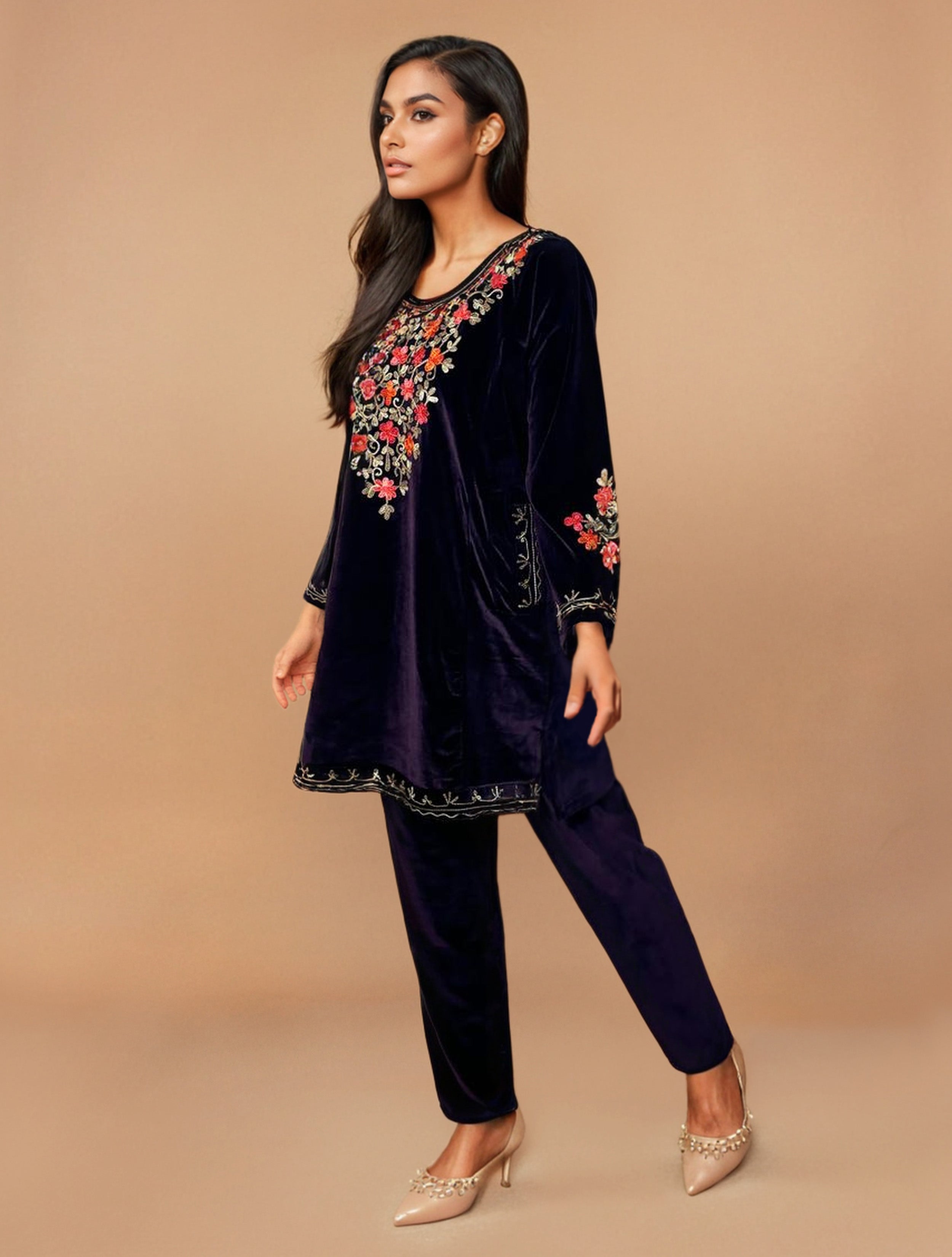 trueBrowns Purple Velvet Embroidered Co-ord Set - Distacart