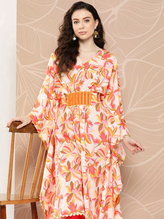 Ahalyaa Women Floral Printed Flared Sleeves Gotta Patti Crepe Kaftan Kurta - Distacart
