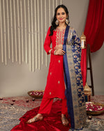 Thumbnail for Varanga Women Red Placement Design Zari Embroidered Kurta With Three Quarter Sleeves Paired With Tonal Bottom And Contrast Printed Dupatta - Distacart