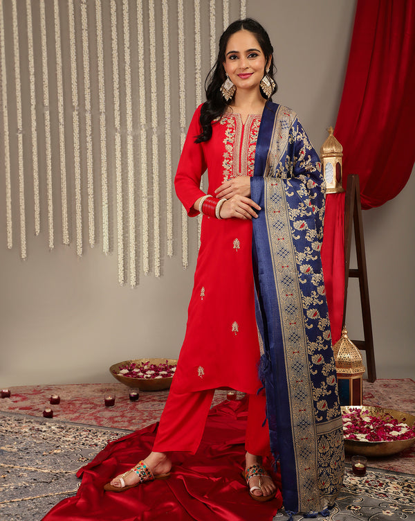 Varanga Women Red Placement Design Zari Embroidered Kurta With Three Quarter Sleeves Paired With Tonal Bottom And Contrast Printed Dupatta - Distacart