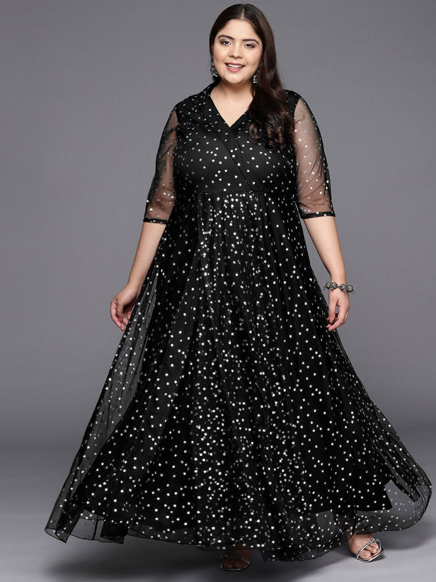 Ahalyaa Plus Size Printed Net V-neck Maxi Ethnic Dress - Distacart