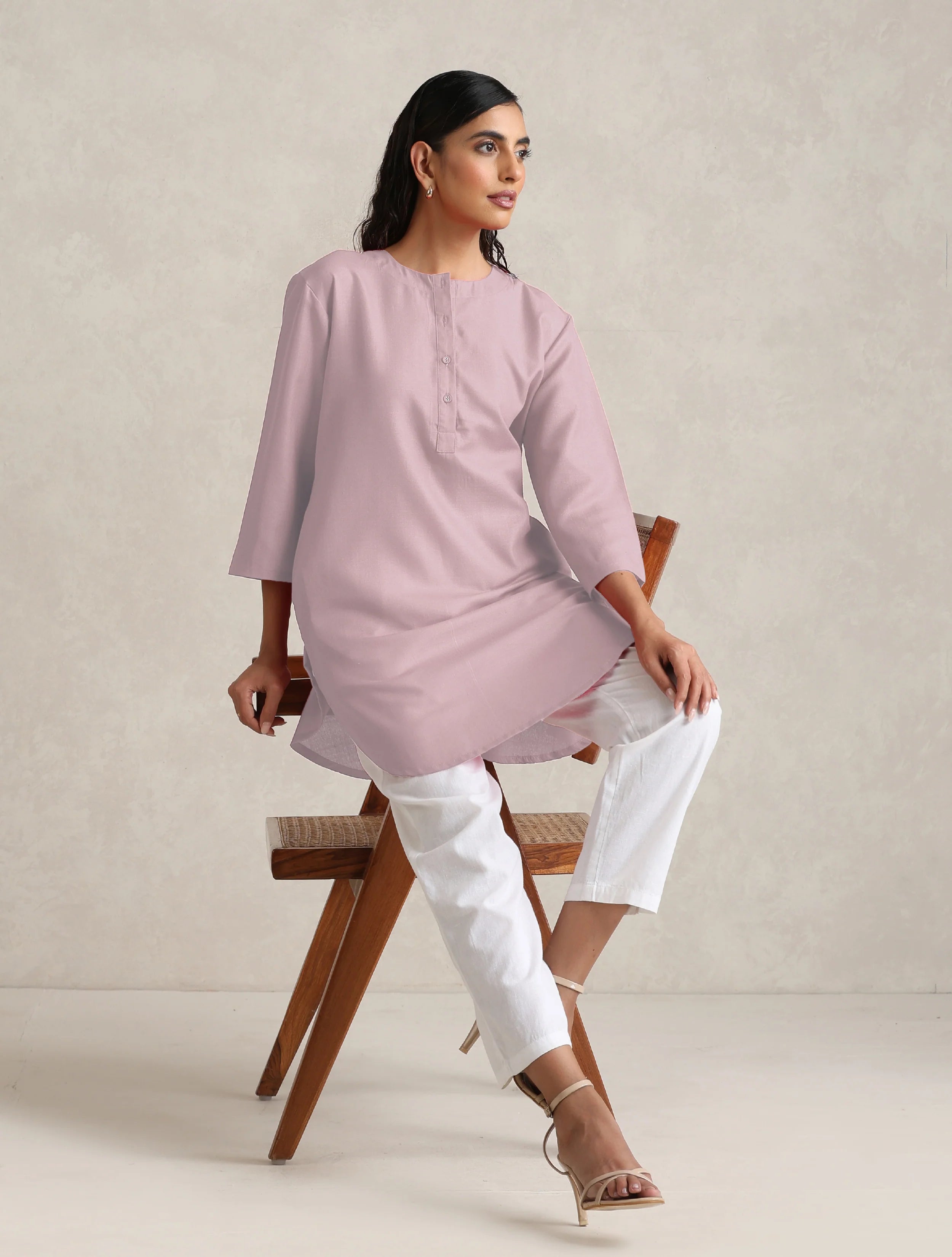 trueBrowns Pink Cotton Blend Short Kurta - Distacart