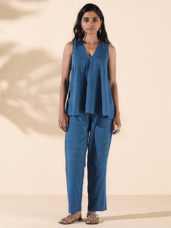 trueBrowns Blue Cotton Dobby Flared Co-ord Set - Distacart