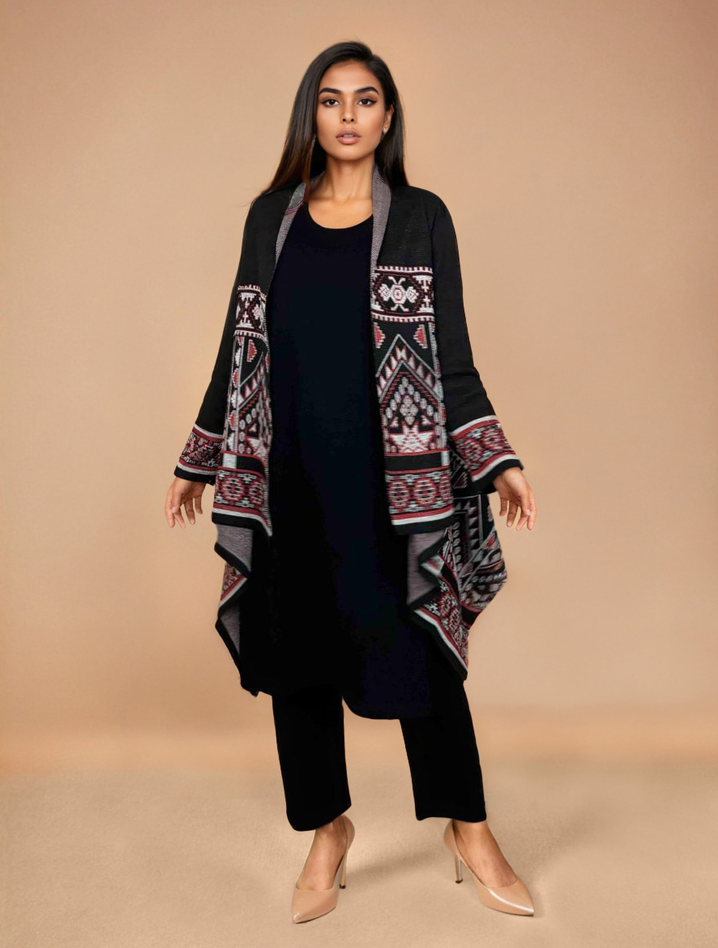 trueBrowns Black Woollen Geometric Kaftan Cape - Distacart