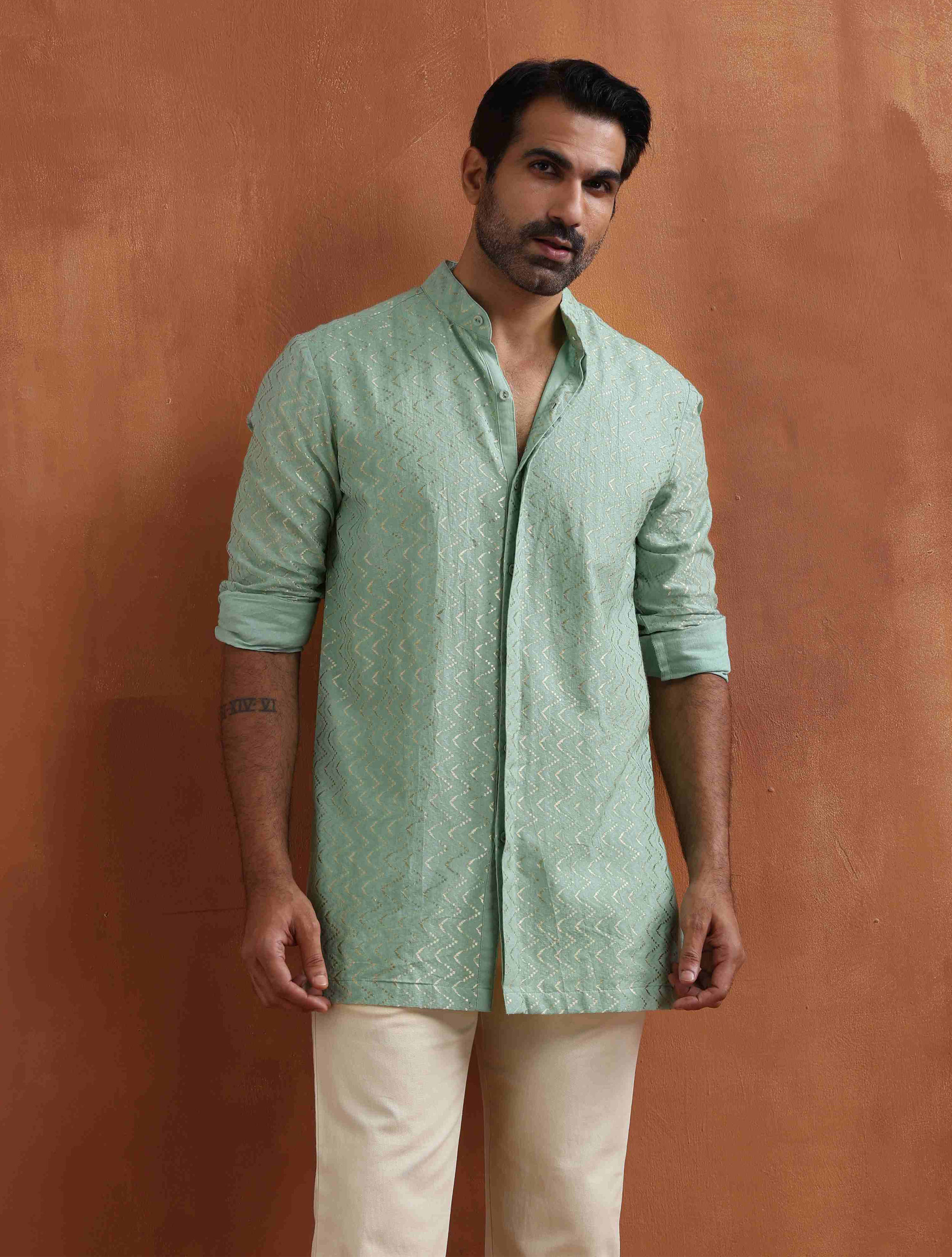 trueBrowns Men's Green Cotton Dobby Front Open Short Kurta - Distacart