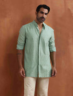 Thumbnail for trueBrowns Men's Green Cotton Dobby Front Open Short Kurta