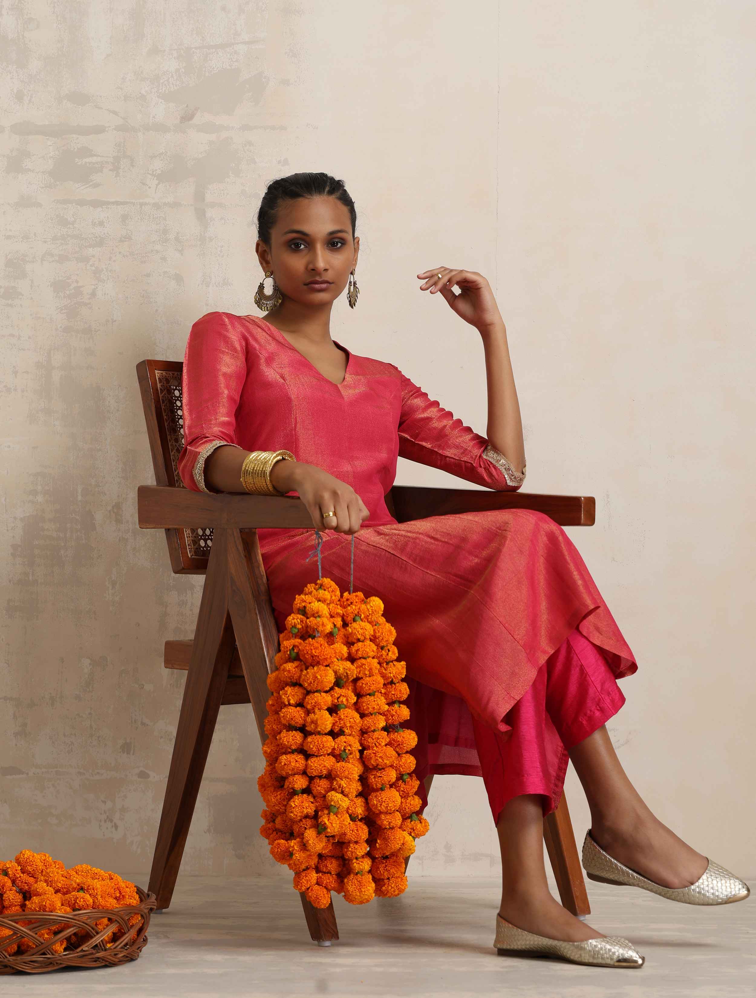 trueBrowns Hot Pink Tissue Straight Kurta Set - Distacart