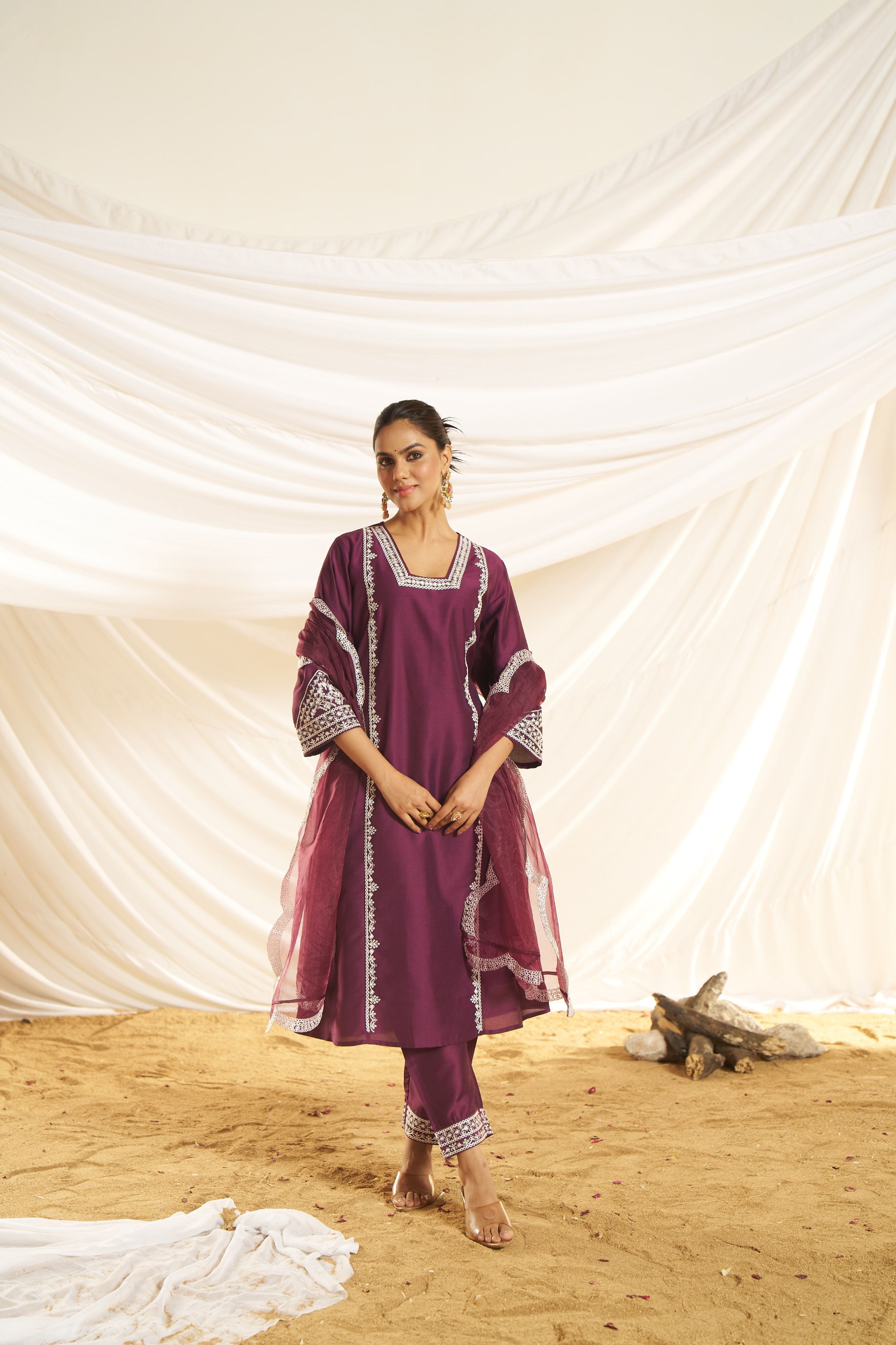 BulBul Women Wine Embroidered Premium Silk Straight Suit With Dupatta