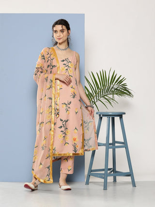 Ahalyaa Women Nude-Coloured Floral Printed Gotta Patti Kurta with Trousers & With Dupatta - Distacart