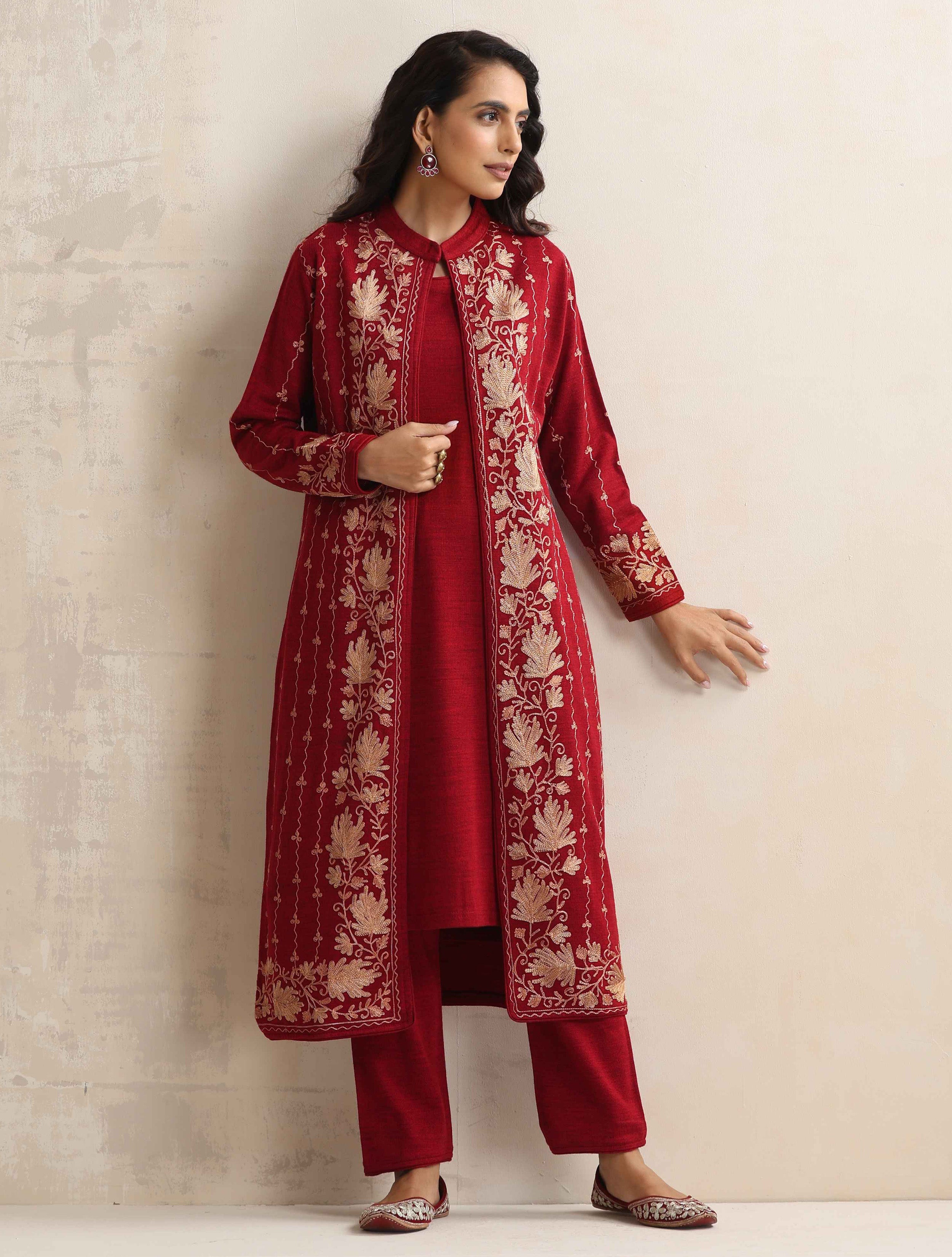 trueBrowns Red Kashmiri Woollen Jacket 3pc Set - Distacart