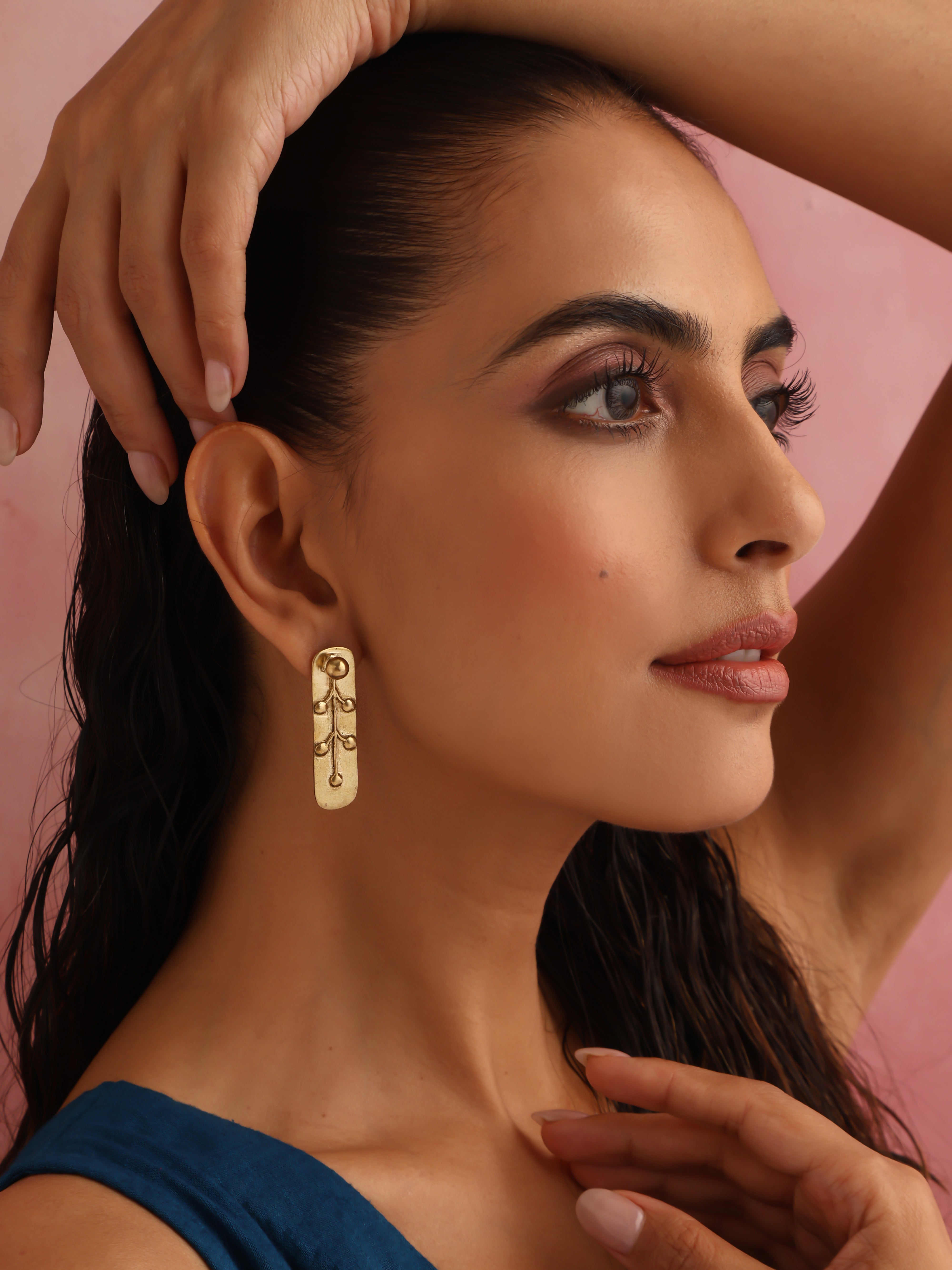 trueBrowns Brass Embossed Rectangular Earrings - Distacart