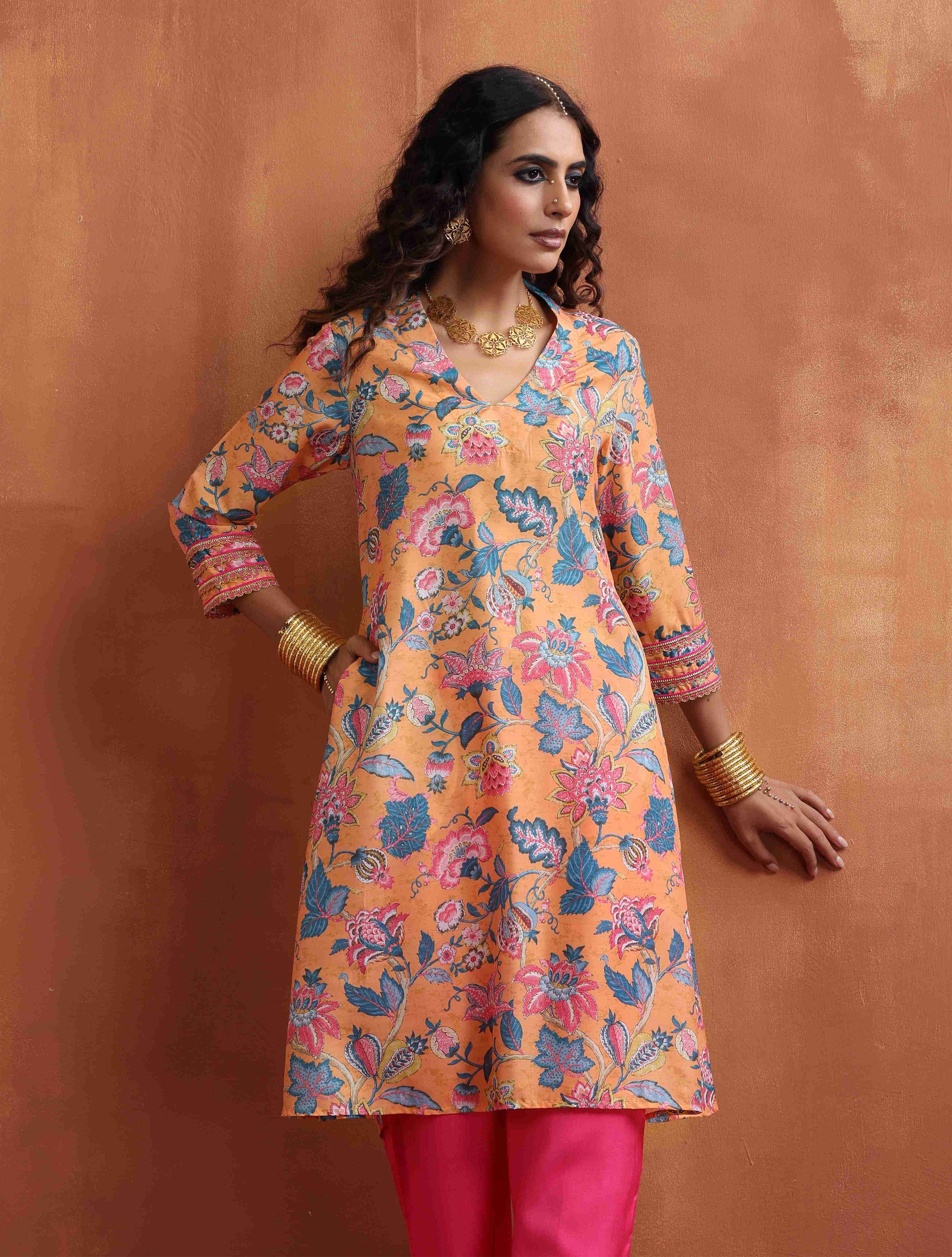 trueBrowns Orange Print Kurta Co-ord Set - Distacart