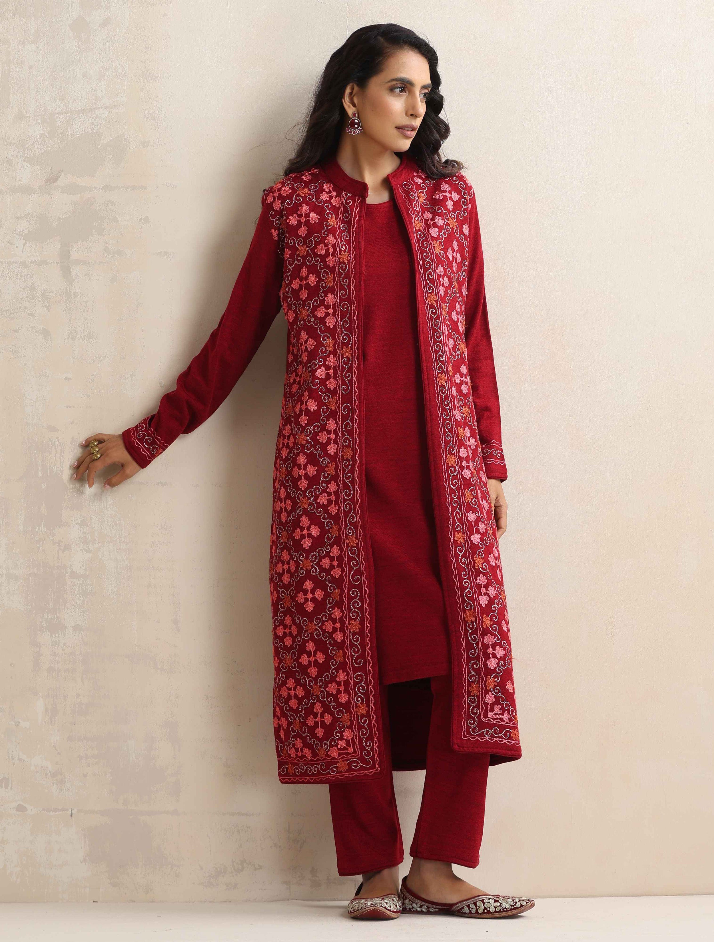 trueBrowns Maroon Kashmiri Woollen Jacket 3pc Set - Distacart