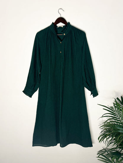 trueBrowns Dark Green Cotton Dobby Long Top - Distacart
