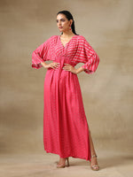 Thumbnail for trueBrowns Pink Bandhani Printed Silk Drop Shoulder Dress - Distacart