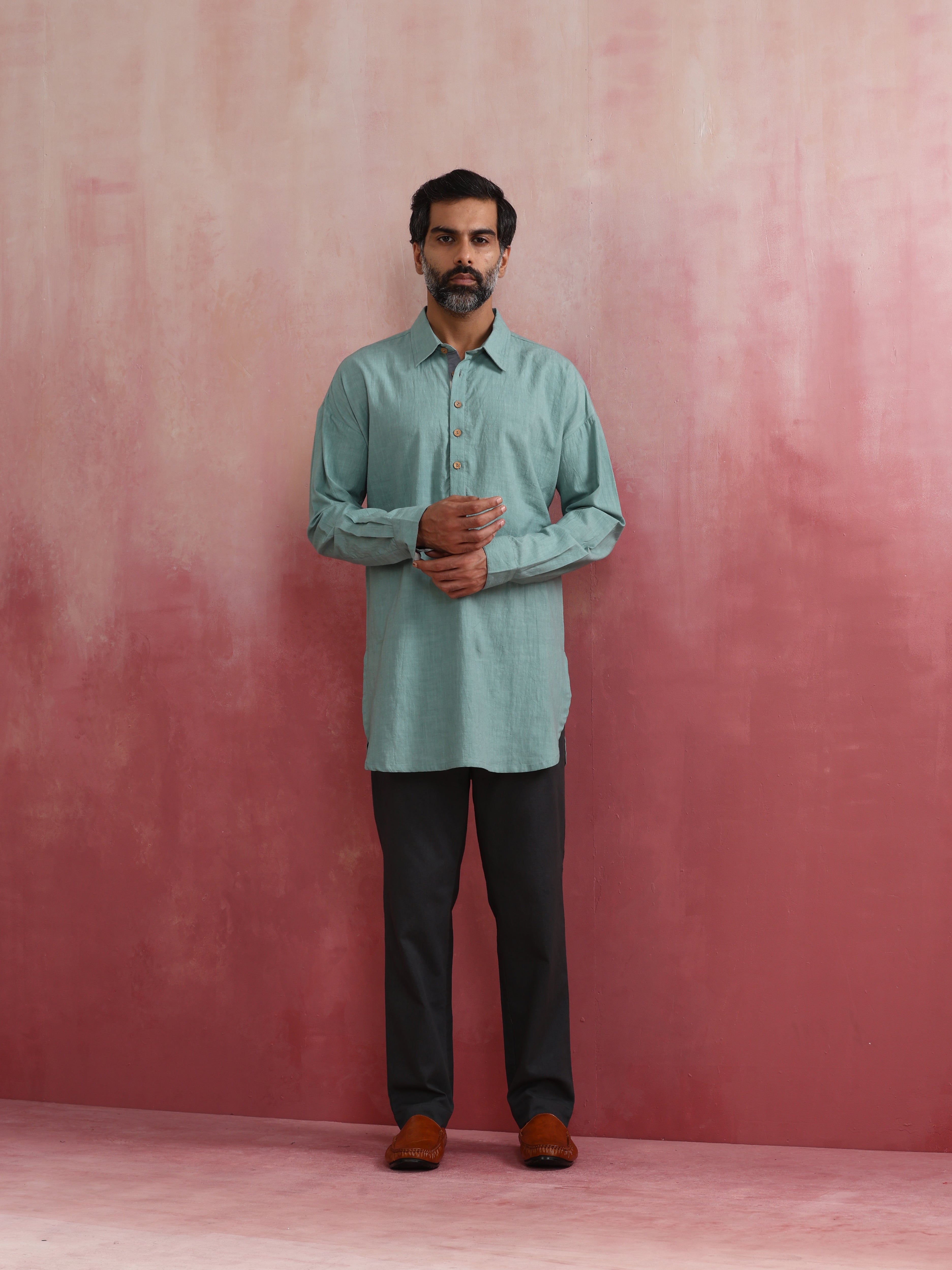 trueBrowns Men's Aqua Blue Cotton Shirt Collar Stylized Kurta - Distacart