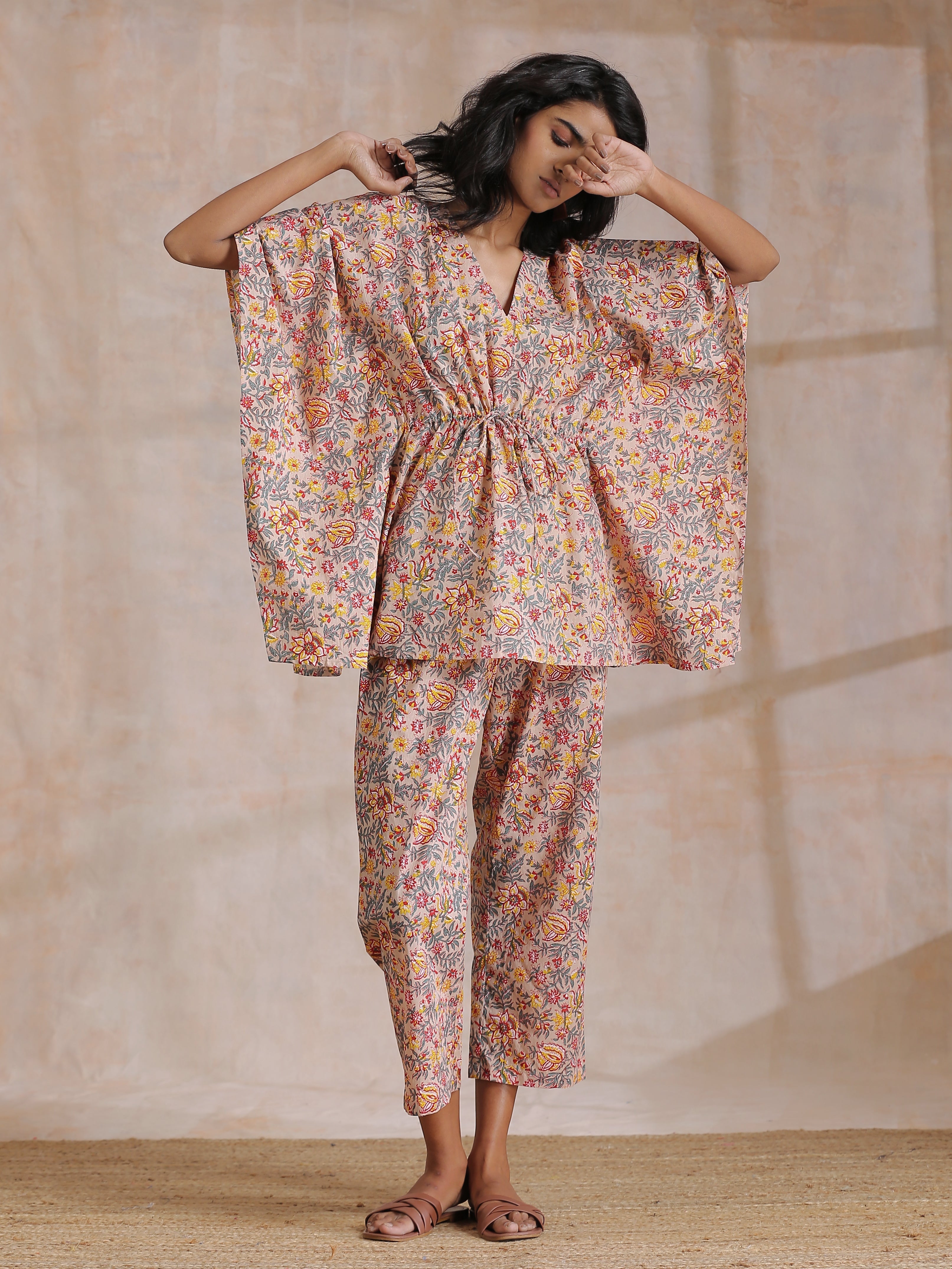 trueBrowns Multicolor Beige Overall Floral Block Print Cotton Kaftan Co-Ord Set - Distacart