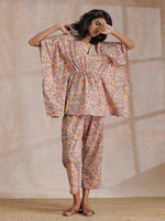 Thumbnail for trueBrowns Multicolor Beige Overall Floral Block Print Cotton Kaftan Co-Ord Set - Distacart