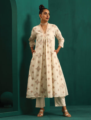 trueBrowns Ivory Peach Cotton Front Gathered Kurta Pant Set - Distacart