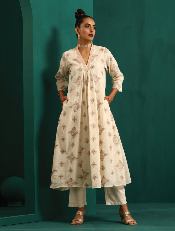 trueBrowns Ivory Peach Cotton Front Gathered Kurta Pant Set - Distacart