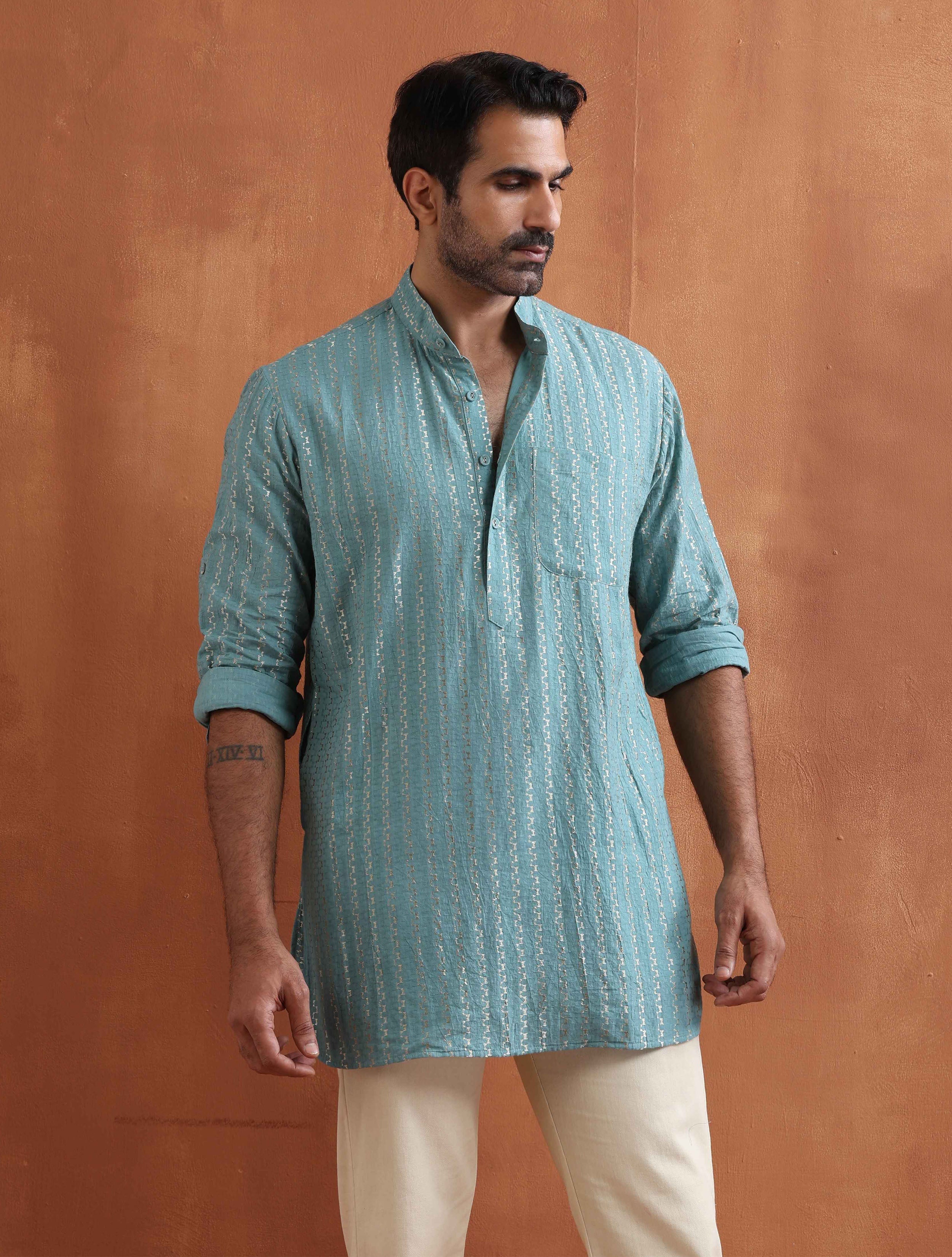 trueBrowns Men's Green Cotton Dobby Short Kurta - Distacart