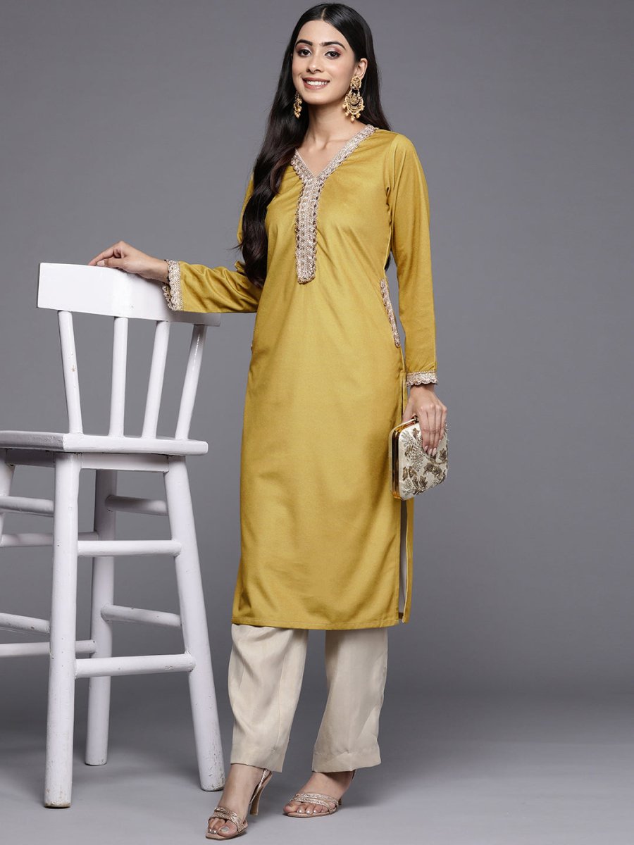 Ahalyaa Women Mustard Yellow & Golden Ethnic Motifs Yoke Design Velvet Kurta - Distacart